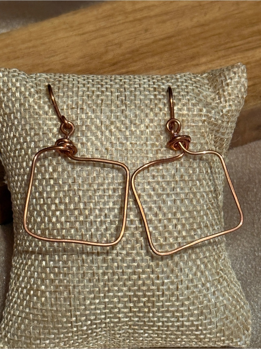 Handcrafted Copper Wire Square Hoop Earrings Minimalist Geometric Dangle - Picture 3 of 4